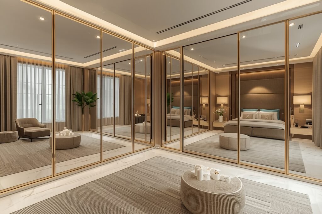 stunning dressing room design: 15 elegant & luxurious ideas for modern homes 6 lucid origin Dressing room with full length mirrors mirrored wardrobe doors elegant reflectio 0
