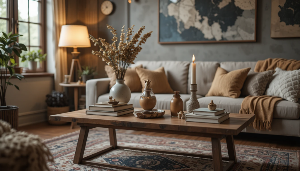 10 Creative Living Room Table Ideas to Transform Your Space 11 Cozy creative living room with unique coffee table setup, layered decor, stacked books, vase, warm lamp light, boho textures and soft rug