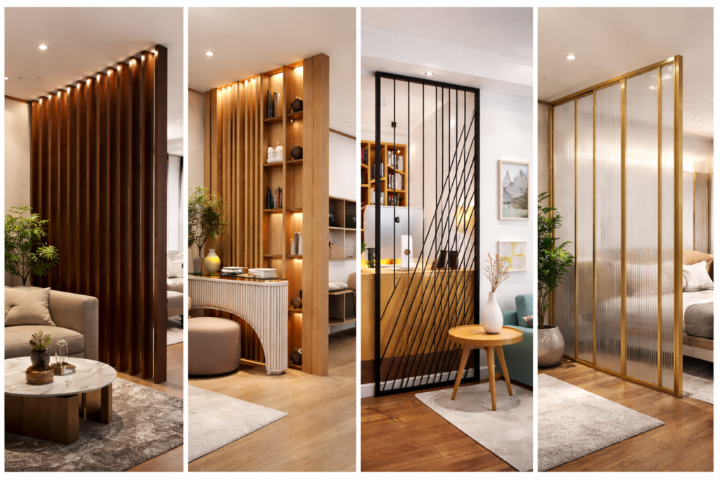 17 Creative Room Divider Ideas to Stylishly Separate Your Space 1 Modern wooden room divider designs with dark and light wood slats in a contemporary living room interior