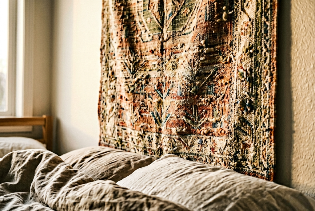 Creative Tapestry Bedroom Ideas: Turn Your Bedroom into an Artful, Cozy Sanctuary (Boho to Minimalist) 2 Close up interior shot showing tapestry fabric tex 1773404096332