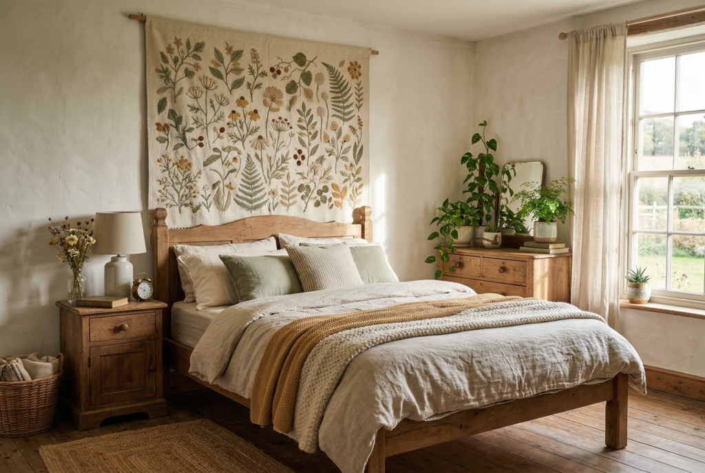 Creative Tapestry Bedroom Ideas: Turn Your Bedroom into an Artful, Cozy Sanctuary (Boho to Minimalist) 12 Cozy cottagecore bedroom interior nature inspired 1773405365961