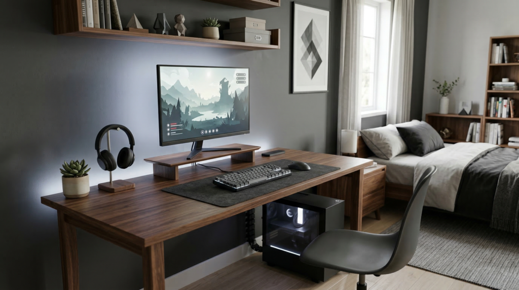 15 Creative Teen Boy Bedroom Ideas (Cool, Functional & Budget-Friendly) 10 Photorealistic modern gaming desk setup in a teen 1773316566366