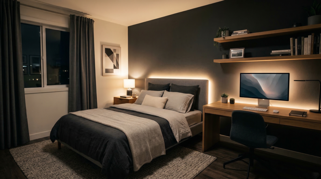 15 Creative Teen Boy Bedroom Ideas (Cool, Functional & Budget-Friendly) 3 Photorealistic modern teen boy bedroom at night wi 1773329094191