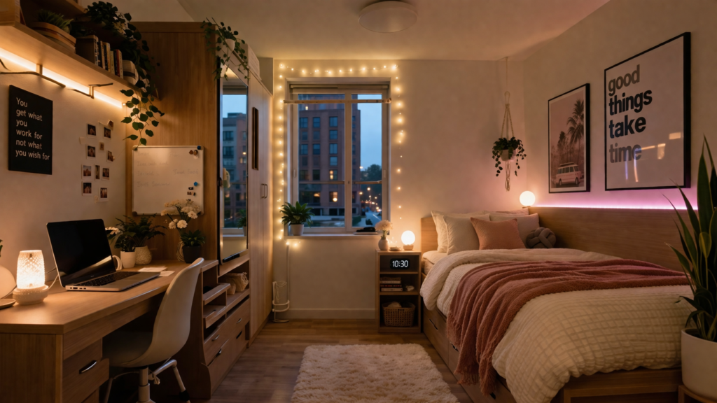10 Stunning Dorm Room Designs 12 Modern stunning dorm room design with cozy bed, fairy lights, LED strip lighting, compact study desk, plants, and warm ambient lighting in a small organized space