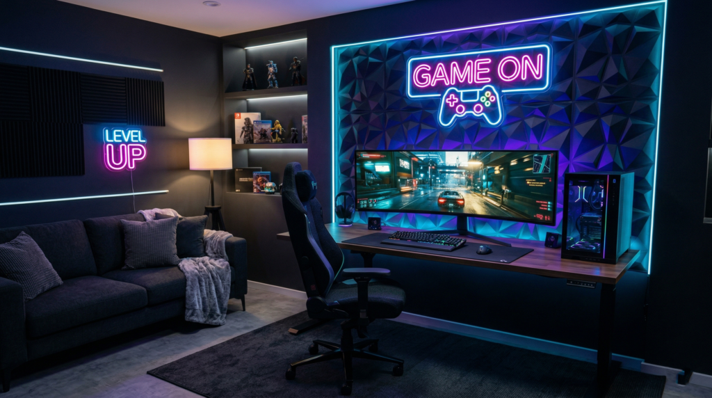 15 Stunning Game Room Design Hacks for a Stylish Setup 13 A dark-themed modern game room with an ultra-wide monitor, neon signs saying "Game On," a sleek desk, and a cozy sofa with ambient blue and purple LED lighting.