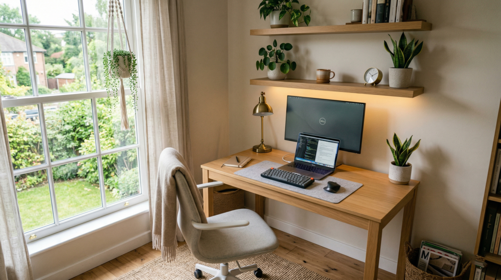 10 Small Office Decor Ideas 11 A clean and organized small home office with a wooden desk, ergonomic chair, laptop, floating shelves with plants, and soft sunlight from a window.