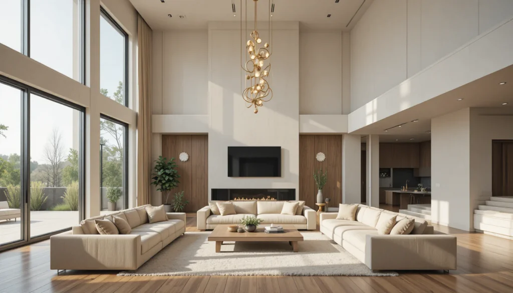 Creative High Ceiling Living Room Ideas That Feel Cozy, Stylish & Livable 11 creative high ceiling living room ideas with modern cozy sofa, statement chandelier, tall windows and warm neutral decor