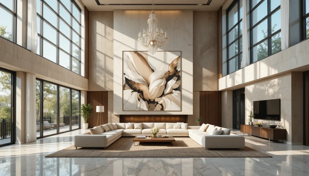 15 Creative High Ceiling Living Room Ideas That Look Grand, Stylish & Livable 10 Creative high ceiling living room with double-height ceiling, modern furniture, large windows, chandelier, and warm luxury interior design
