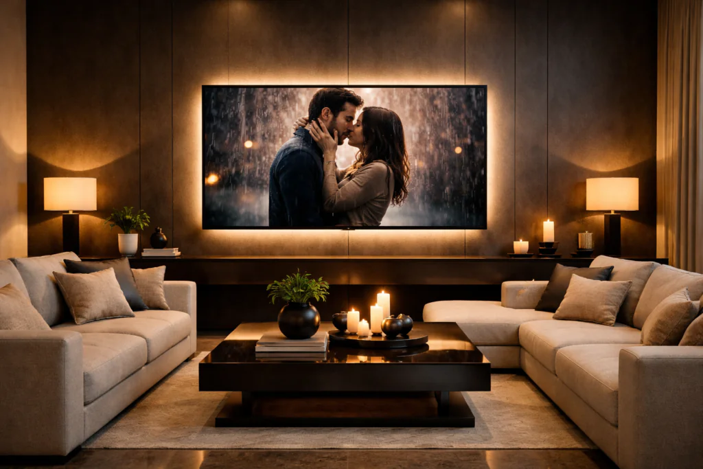 12 Stunning TV Room Design Ideas to Transform Your Home 14 Modern TV room with cozy sofa and a romantic scene playing on a wall-mounted TV.