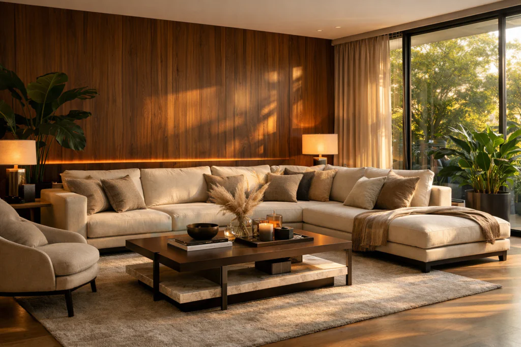 10 Best Living Room Interior Design Ideas for a Stylish Home 13 Luxury modern living room with beige sofa, wooden wall, warm lighting, and large windows.