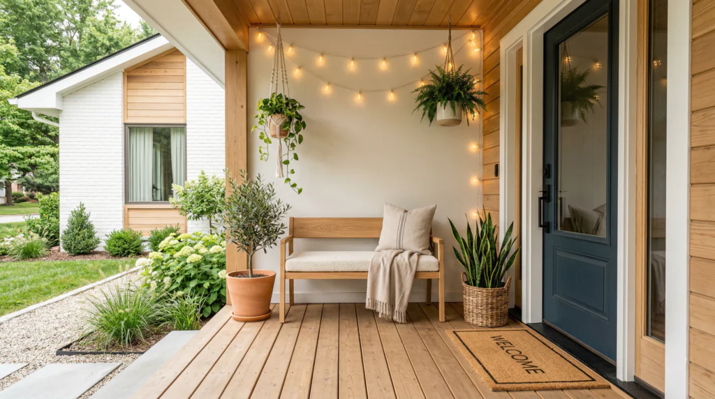 20 Small Front Porch Ideas to Try 12 A cozy small modern front porch with a wooden bench, cushions, potted plants, and warm string lights in a light neutral palette.