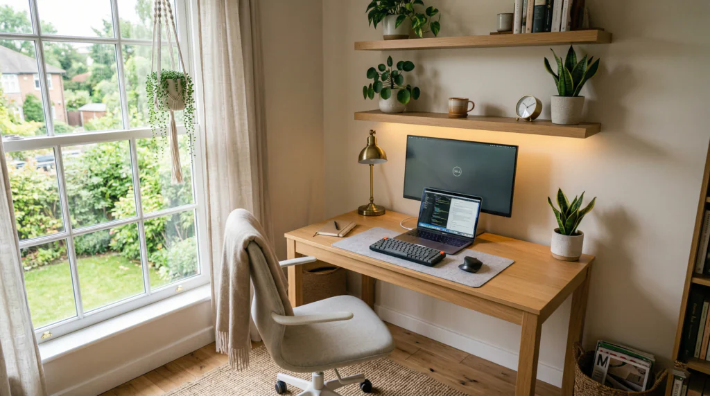 10 Small Office Decor Ideas 13 A clean and organized small home office with a wooden desk, ergonomic chair, laptop, floating shelves with plants, and soft sunlight from a window.
