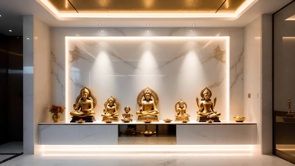 11 Modern Pooja Room Ideas Indian Style to Try for Your Home ✨ 10 modern pooja room ideas indian marble backlit design